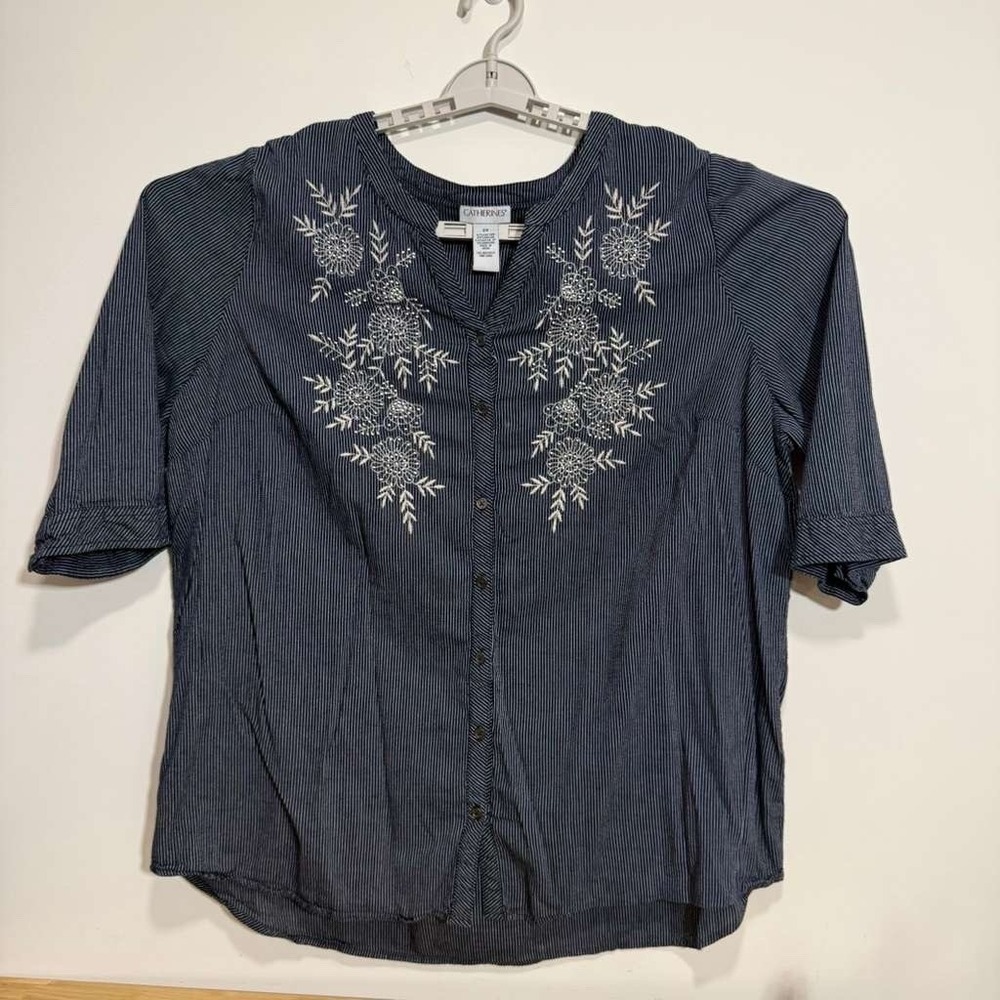 Catherines Blue White Striped Button Down Shirt Blouse 3/4 Sleeve Embroidery 2X